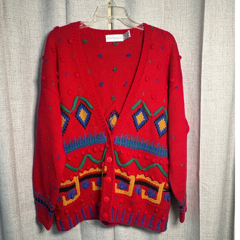 Vintage Robert Scott Ltd Red Popcorn Knit Cardigan Sweater Geometric Women XL